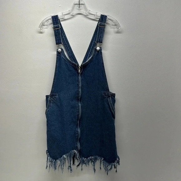 Zara Overalls Dress Denim Mini Raw Hem Front Full Zip Sleeveless Blue Size Small - Picture 1 of 9